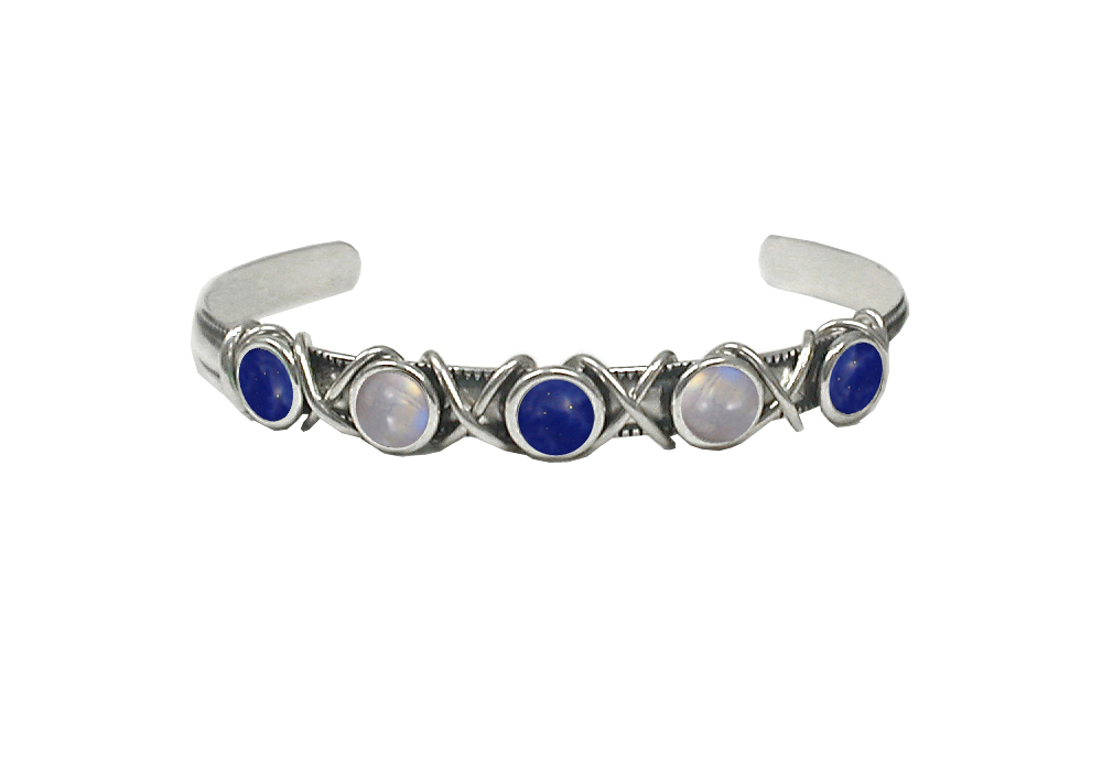 Sterling Silver Cuff Bracelet With Lapis Lazuli And Rainbow Moonstone